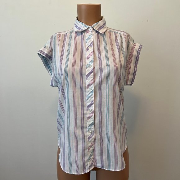 Vintage Pastel Striped Sleeveless Collared Button Up - Picture 1 of 8